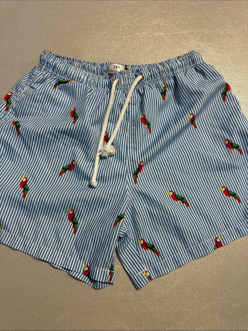 Zara Blue and White Striped Swim Shorts with Parrot Motif